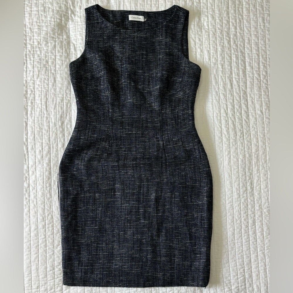 CALVIN KLEIN Navy Sparkle Tweed Double Full Side Zip Sheath Dress